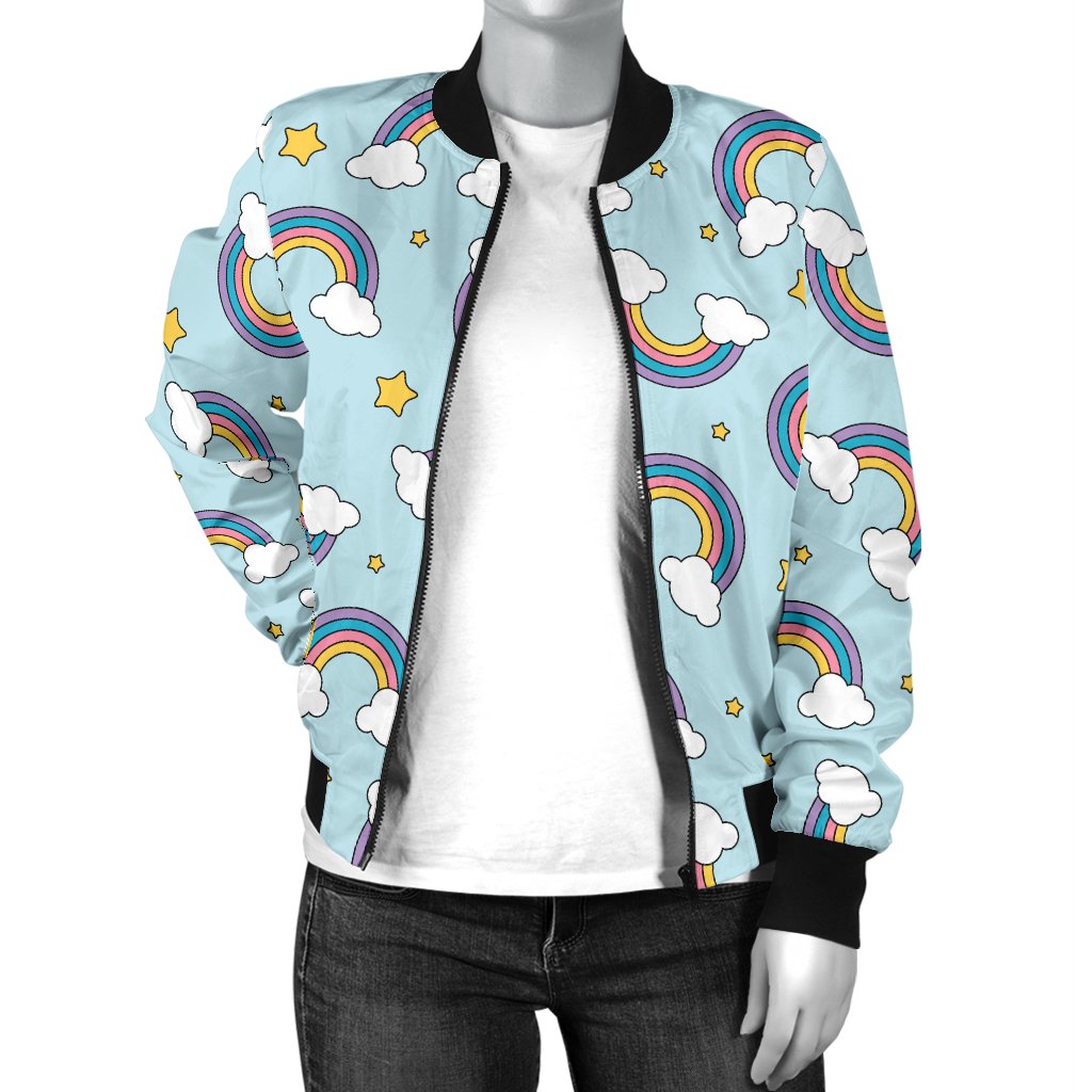 Rainbow Cloud Print Pattern Women Casual Bomber Jacket