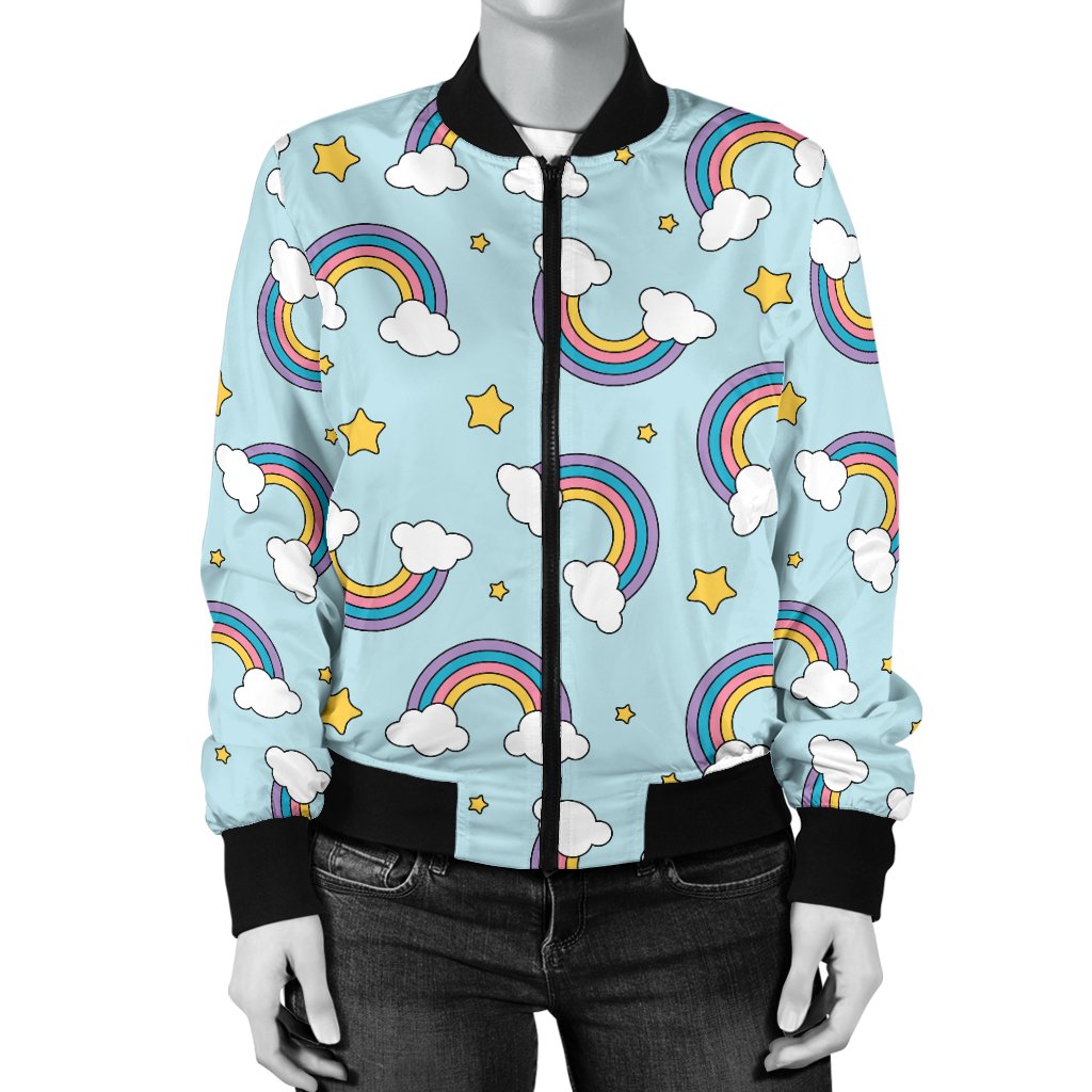 Rainbow Cloud Print Pattern Women Casual Bomber Jacket