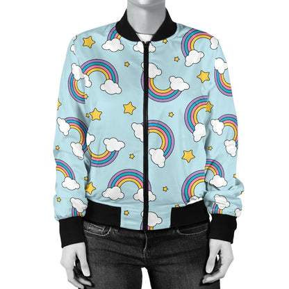 Rainbow Cloud Print Pattern Women Casual Bomber Jacket