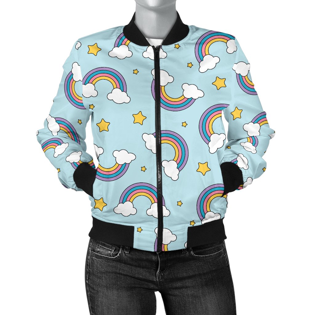 Rainbow Cloud Print Pattern Women Casual Bomber Jacket