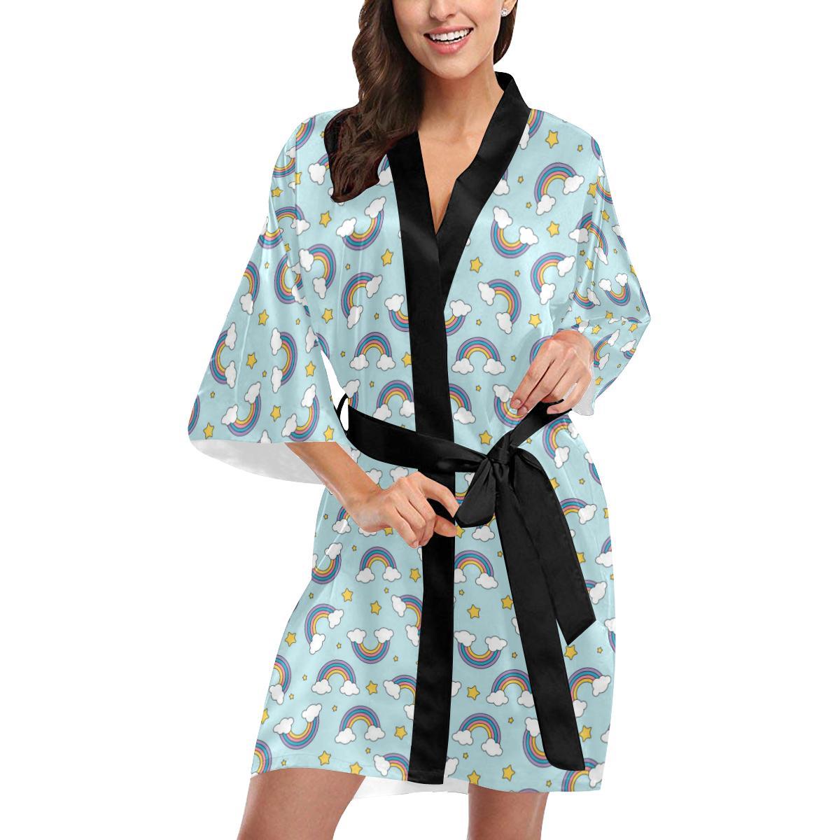 Rainbow Cloud Print Pattern Women Short Kimono Robe
