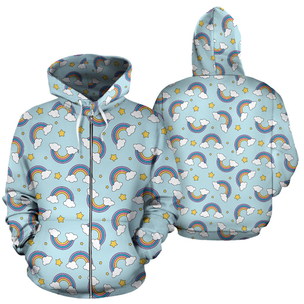 Rainbow Cloud Print Pattern Zip Up Hoodie