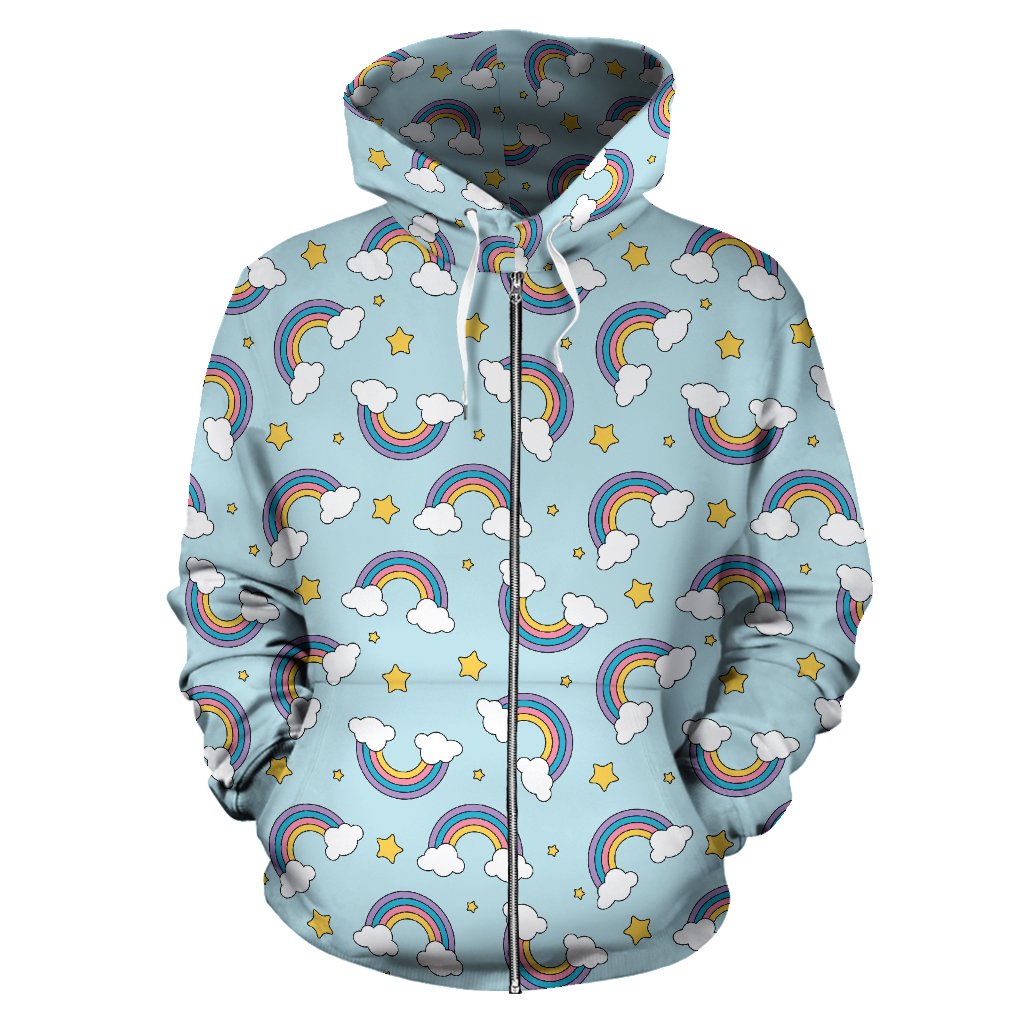 Rainbow Cloud Print Pattern Zip Up Hoodie