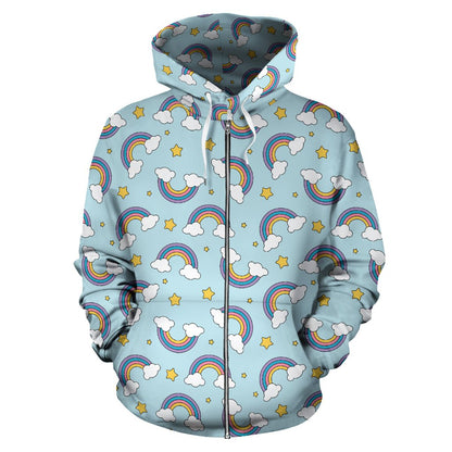 Rainbow Cloud Print Pattern Zip Up Hoodie