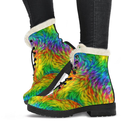 Rainbow Fur Design Print Faux Fur Leather Boots-JTAMIGO.COM