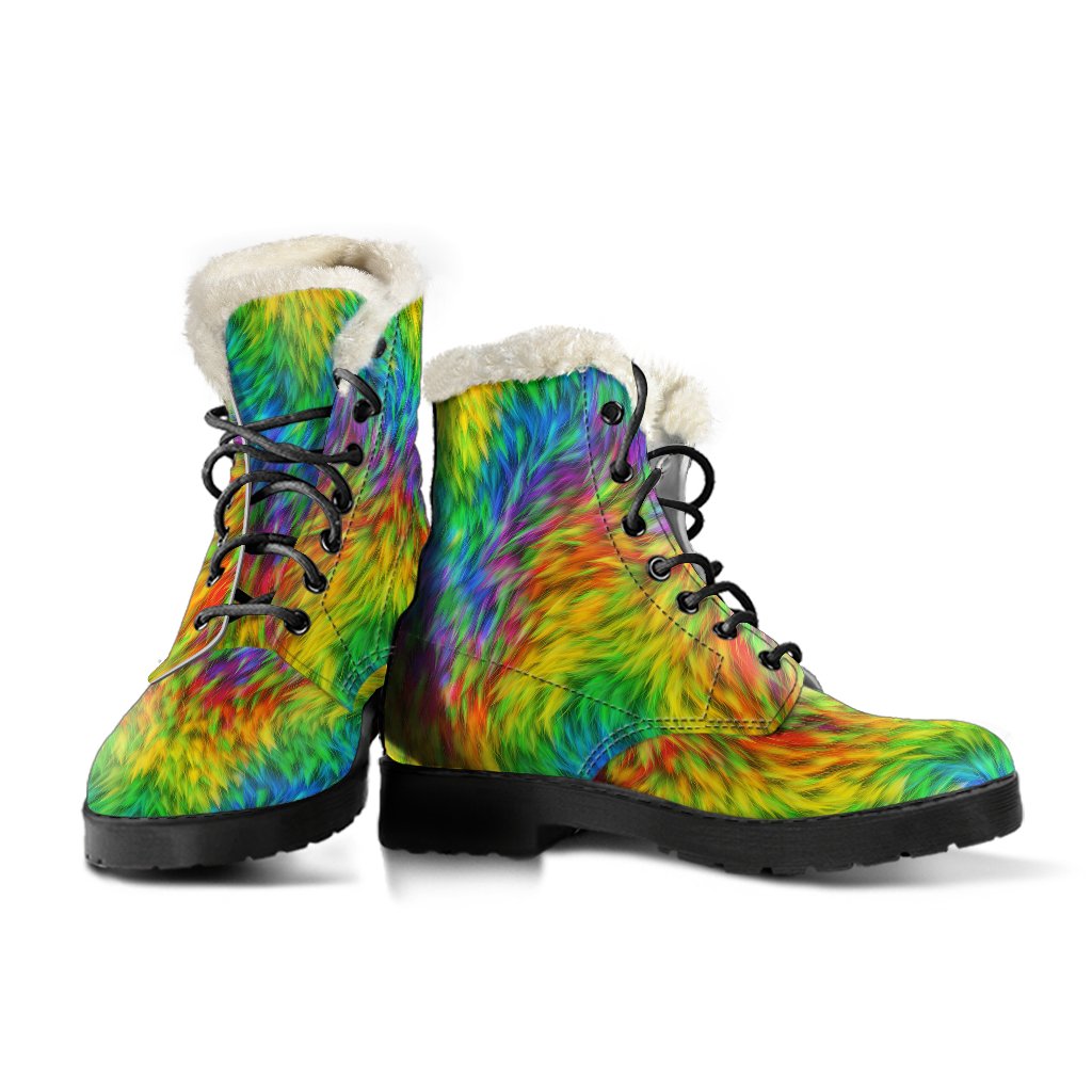 Rainbow Fur Design Print Faux Fur Leather Boots-JTAMIGO.COM