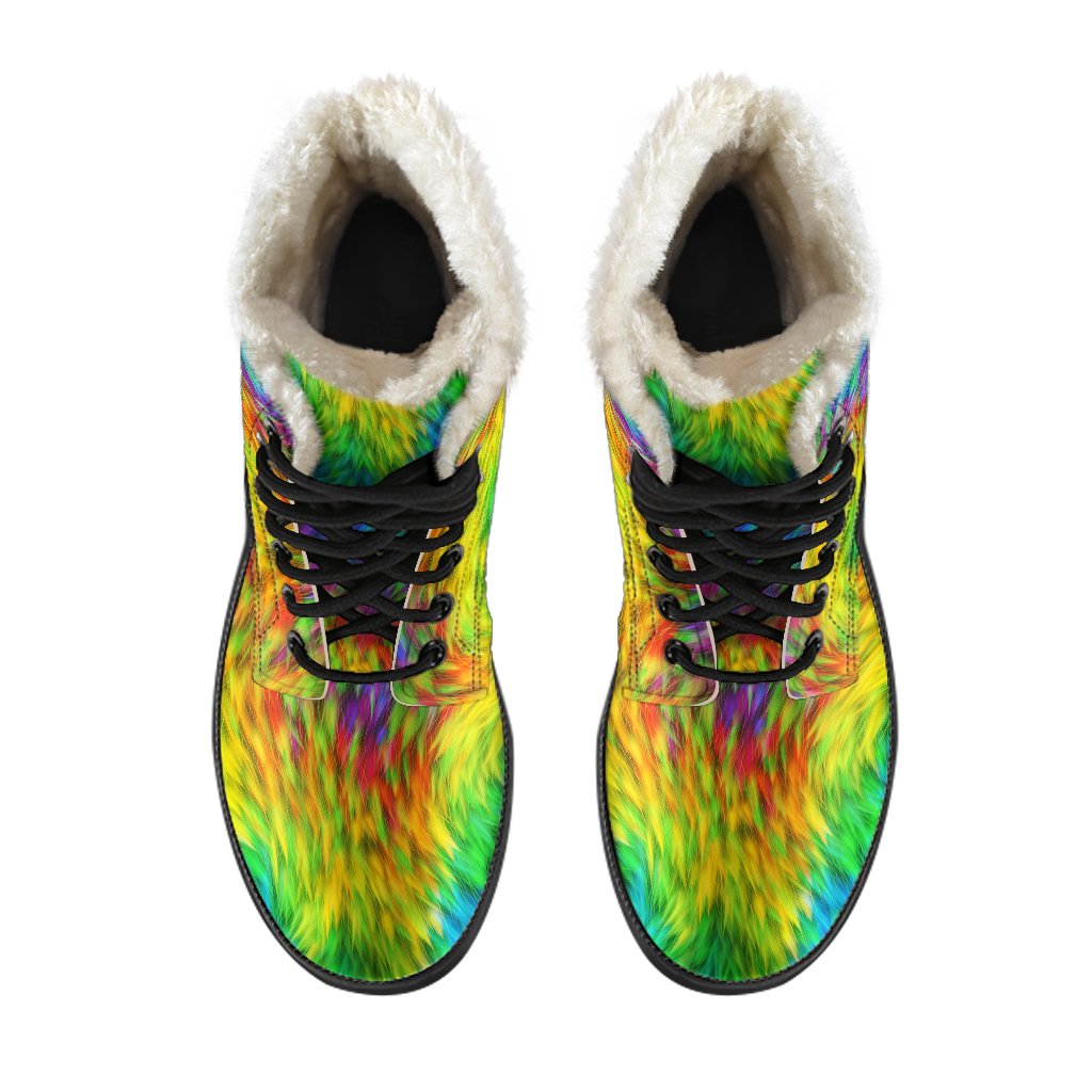 Rainbow Fur Design Print Faux Fur Leather Boots-JTAMIGO.COM