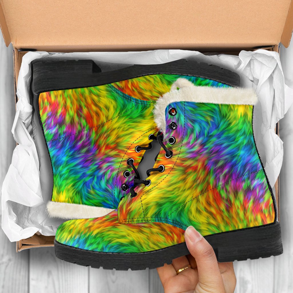 Rainbow Fur Design Print Faux Fur Leather Boots-JTAMIGO.COM