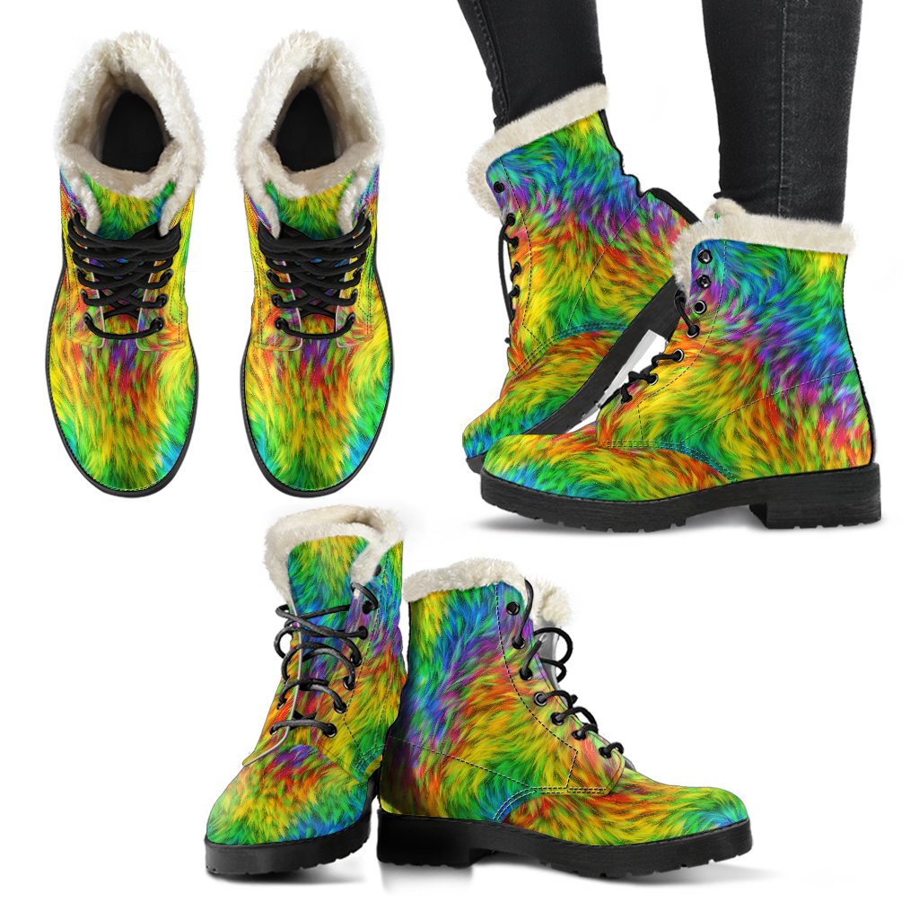 Rainbow Fur Design Print Faux Fur Leather Boots-JTAMIGO.COM