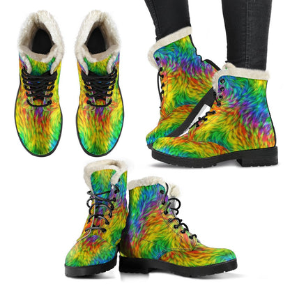 Rainbow Fur Design Print Faux Fur Leather Boots-JTAMIGO.COM