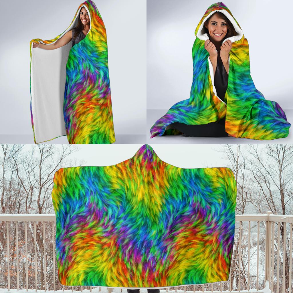 Rainbow Fur Design Print Hooded Blanket-JTAMIGO.COM