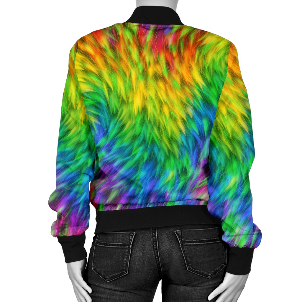 Rainbow Fur Design Print Women Casual Bomber Jacket