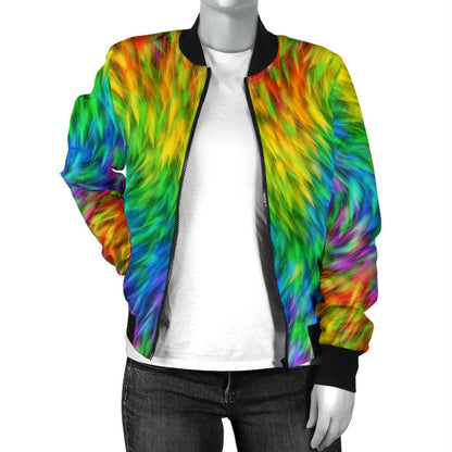 Rainbow Fur Design Print Women Casual Bomber Jacket