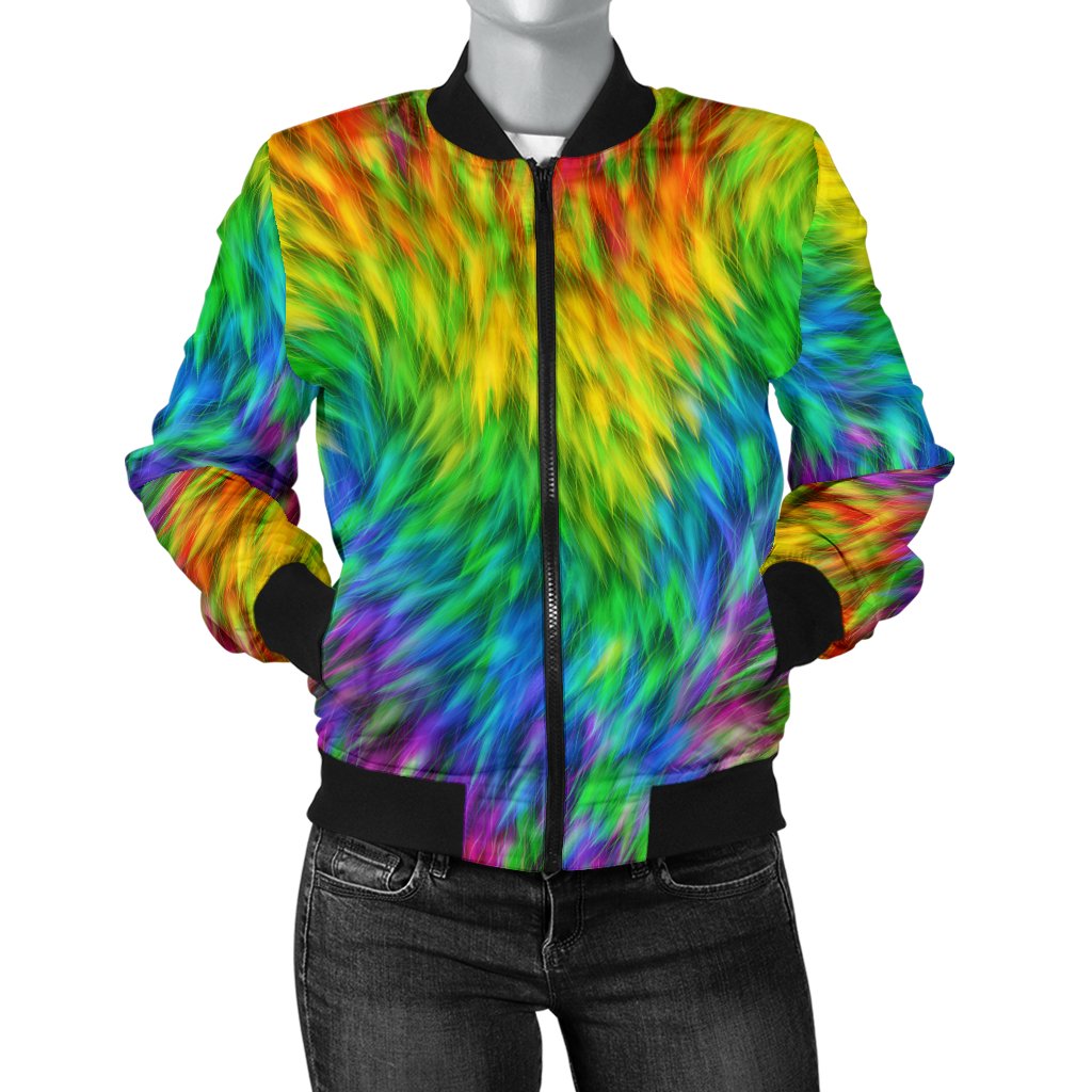Rainbow Fur Design Print Women Casual Bomber Jacket