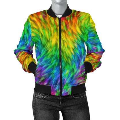 Rainbow Fur Design Print Women Casual Bomber Jacket