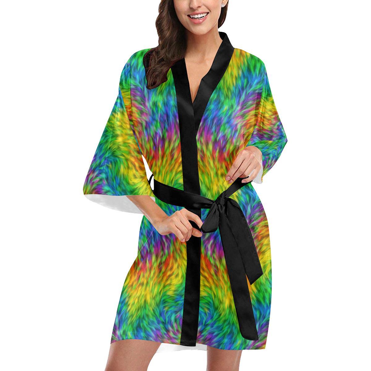 Rainbow Fur Design Print Women Short Kimono Robe
