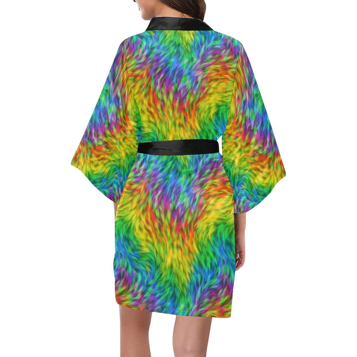 Rainbow Fur Design Print Women Short Kimono Robe