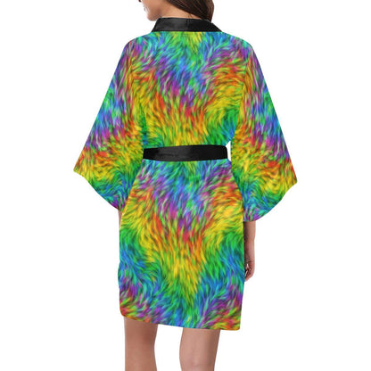 Rainbow Fur Design Print Women Short Kimono Robe
