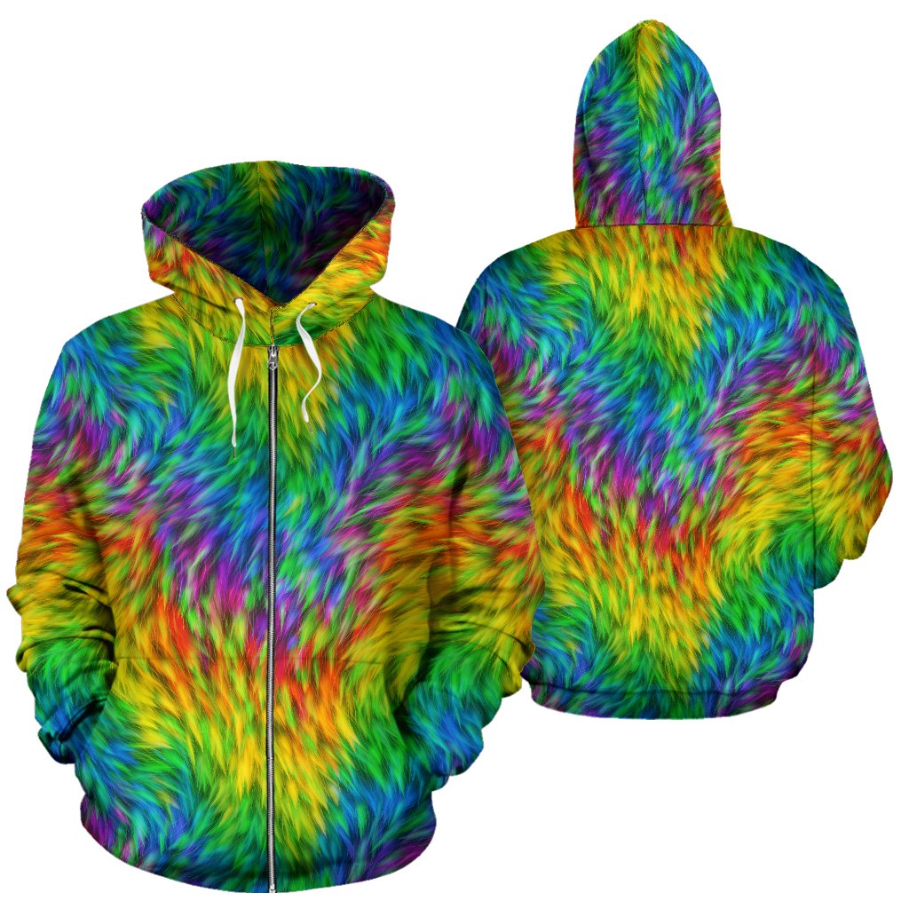 Rainbow Fur Design Print Zip Up Hoodie