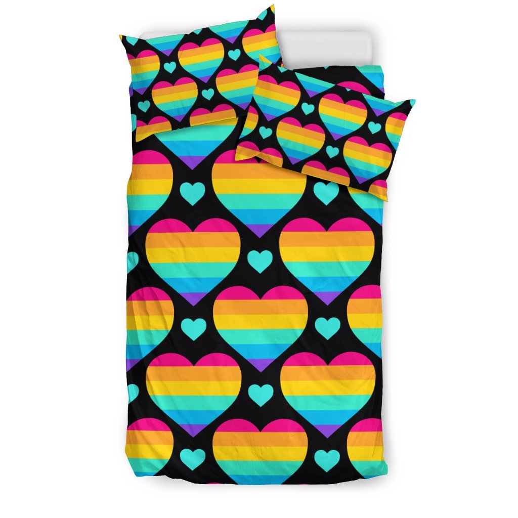 Rainbow Heart Print Pattern Duvet Cover Bedding Set