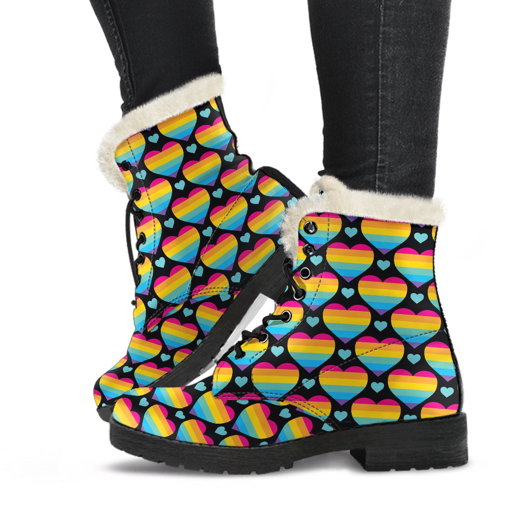 Rainbow Heart Print Pattern Faux Fur Leather Boots-JTAMIGO.COM