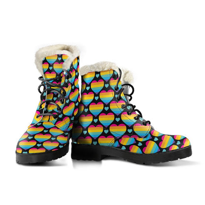 Rainbow Heart Print Pattern Faux Fur Leather Boots-JTAMIGO.COM