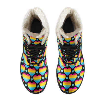 Rainbow Heart Print Pattern Faux Fur Leather Boots-JTAMIGO.COM