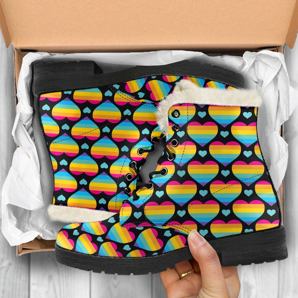Rainbow Heart Print Pattern Faux Fur Leather Boots-JTAMIGO.COM