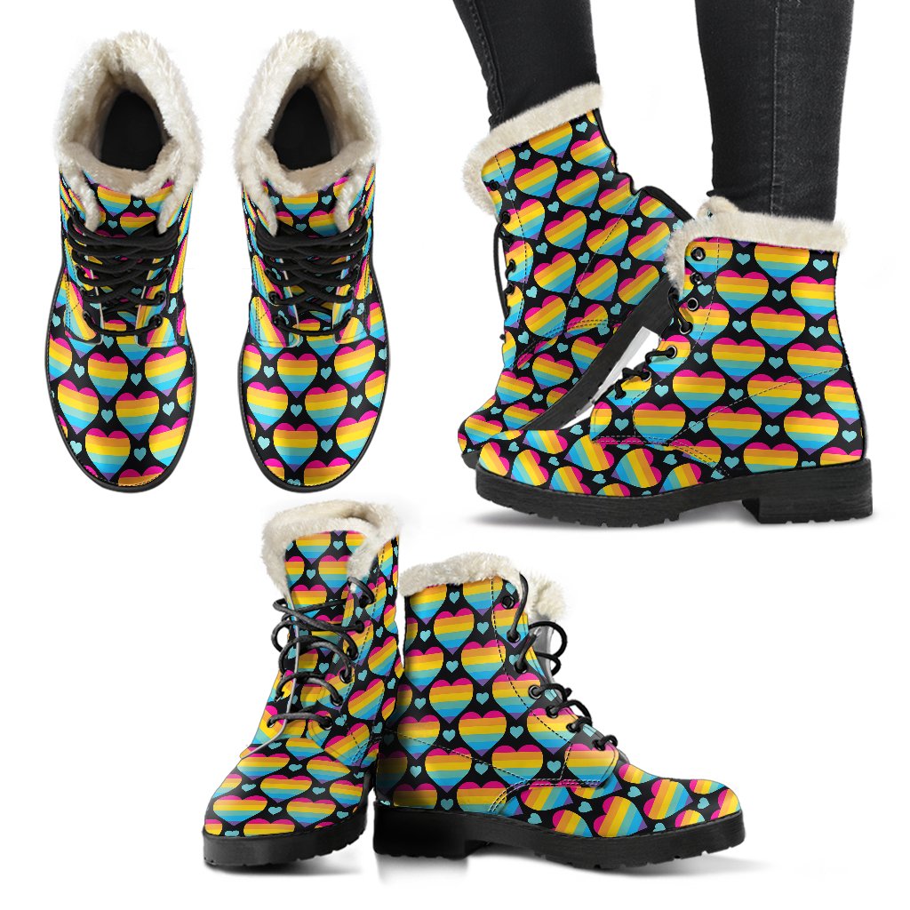 Rainbow Heart Print Pattern Faux Fur Leather Boots-JTAMIGO.COM
