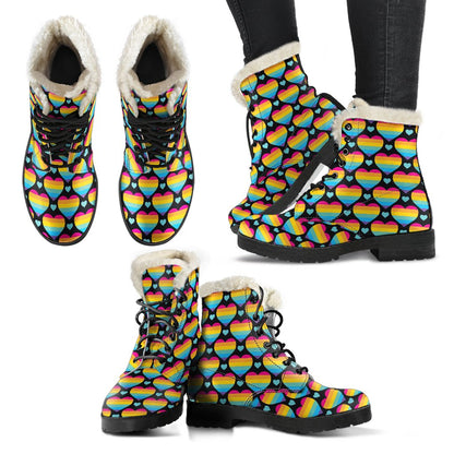 Rainbow Heart Print Pattern Faux Fur Leather Boots-JTAMIGO.COM