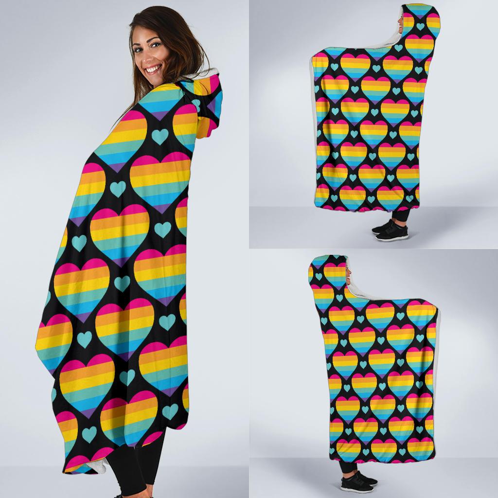 Rainbow Heart Print Pattern Hooded Blanket-JTAMIGO.COM