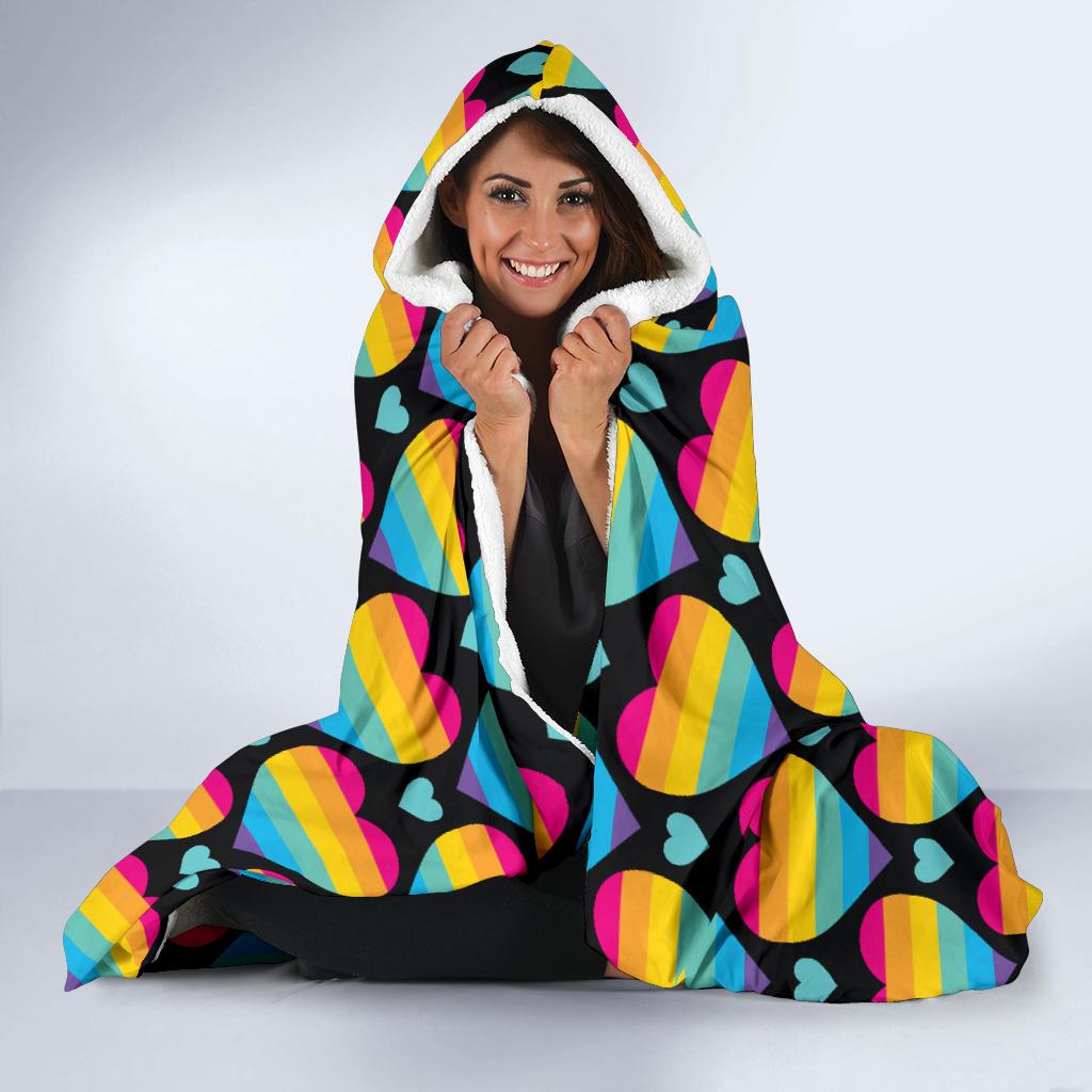 Rainbow Heart Print Pattern Hooded Blanket-JTAMIGO.COM