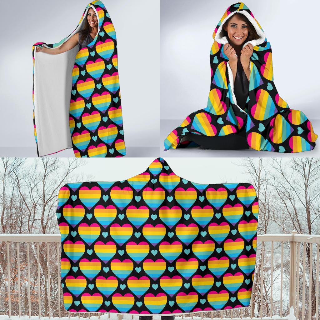 Rainbow Heart Print Pattern Hooded Blanket-JTAMIGO.COM