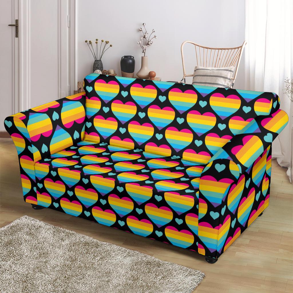 Rainbow Heart Print Pattern Loveseat Slipcover-JTAMIGO.COM