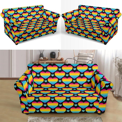 Rainbow Heart Print Pattern Loveseat Slipcover-JTAMIGO.COM