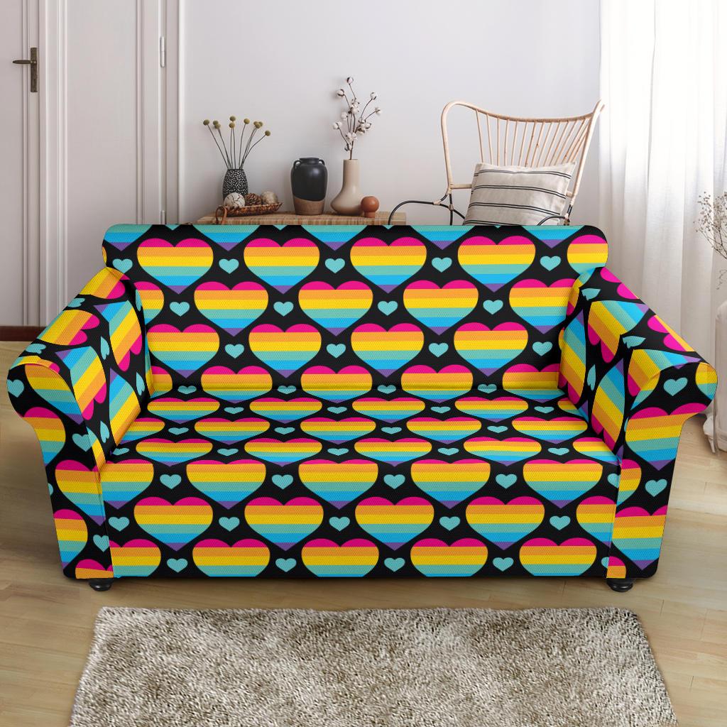Rainbow Heart Print Pattern Loveseat Slipcover-JTAMIGO.COM