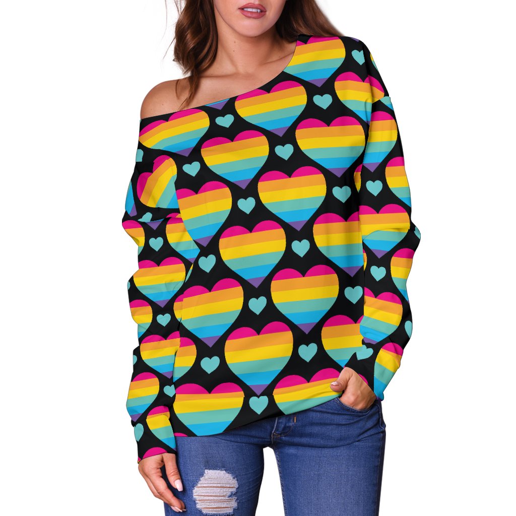 Rainbow Heart Print Pattern Off Shoulder Sweatshirt