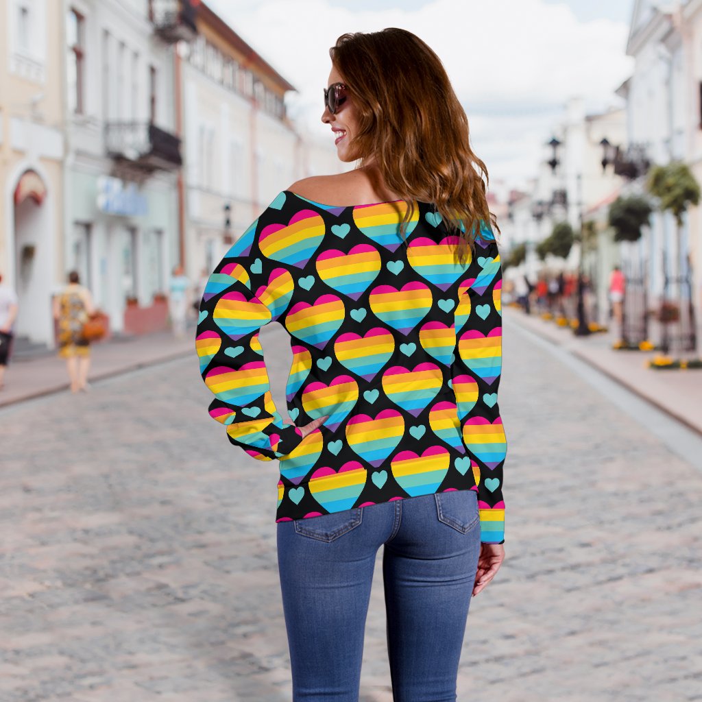 Rainbow Heart Print Pattern Off Shoulder Sweatshirt