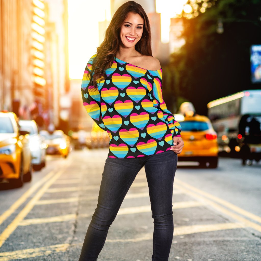 Rainbow Heart Print Pattern Off Shoulder Sweatshirt