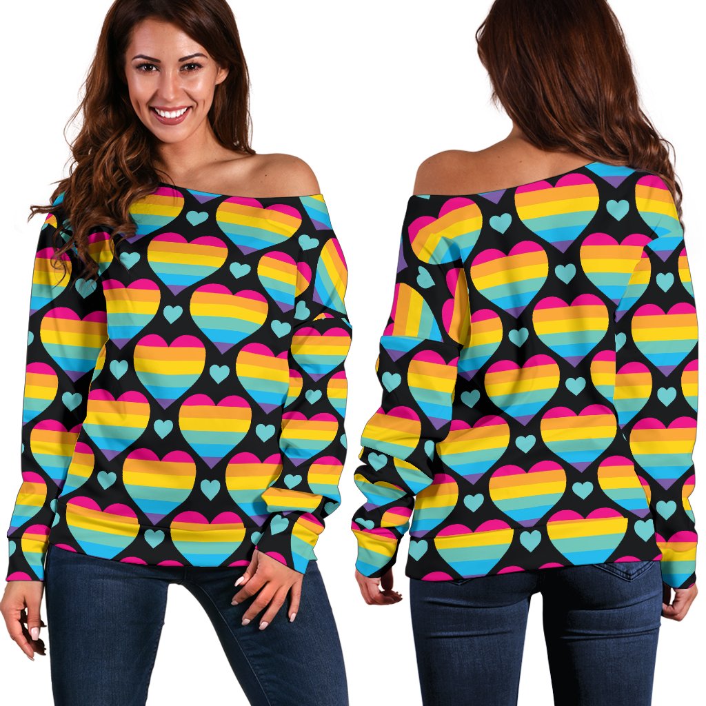 Rainbow Heart Print Pattern Off Shoulder Sweatshirt