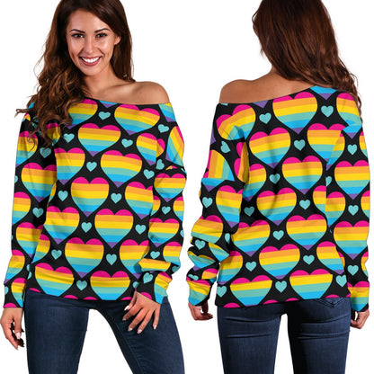 Rainbow Heart Print Pattern Off Shoulder Sweatshirt