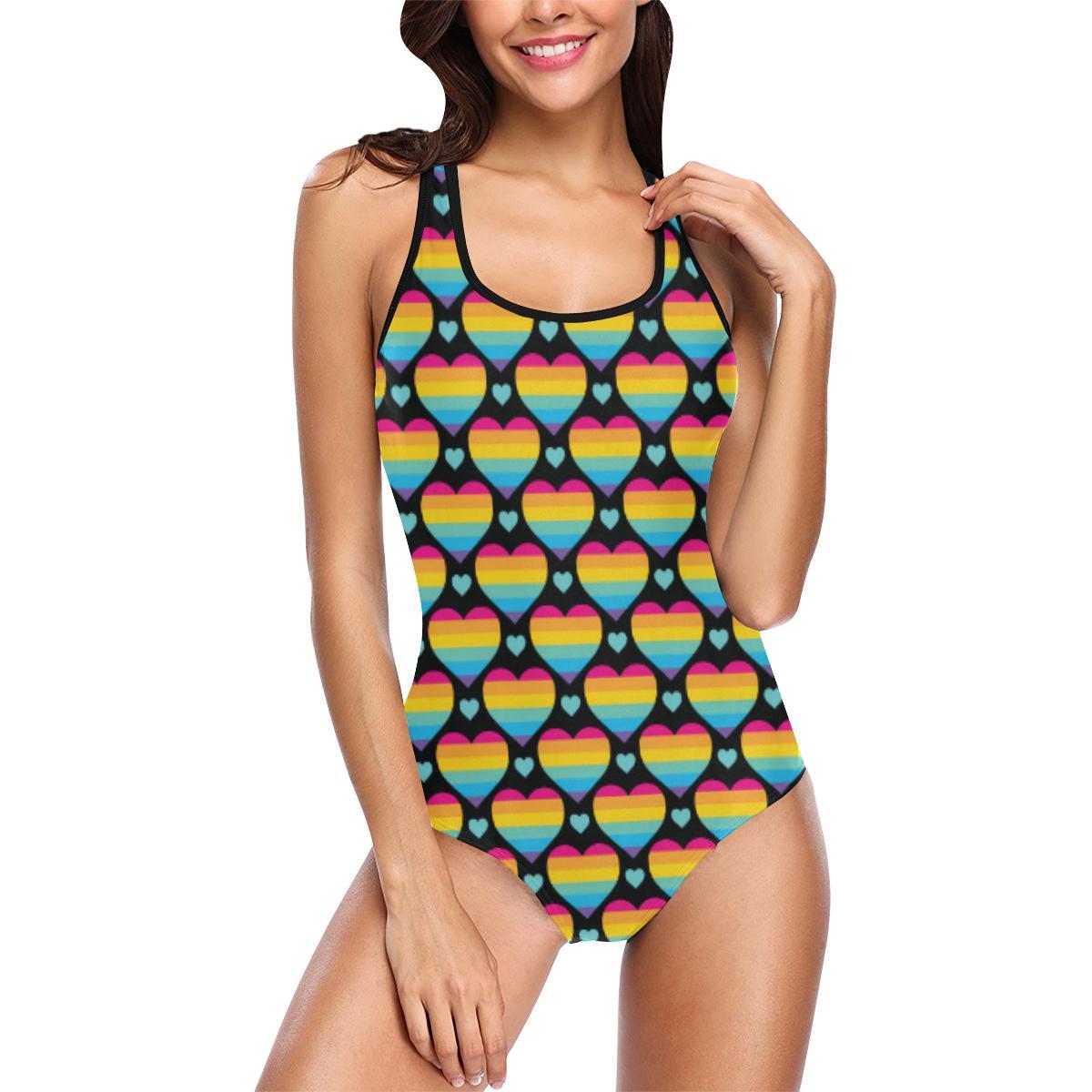 Rainbow Heart Print Pattern One Piece Swimsuit-JTAMIGO.COM