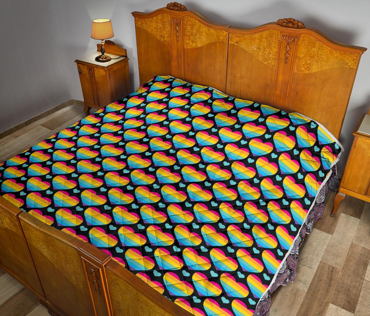 Rainbow Heart Print Pattern Premium Quilt-JTAMIGO.COM
