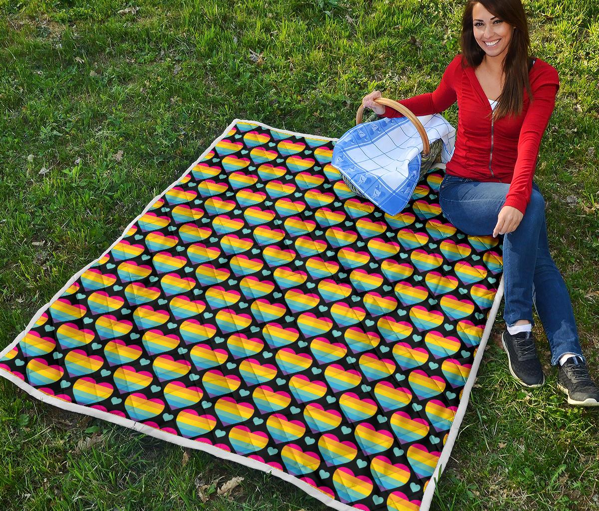Rainbow Heart Print Pattern Premium Quilt-JTAMIGO.COM