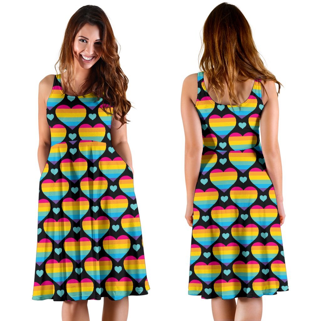 Rainbow Heart Print Pattern Sleeveless Dress