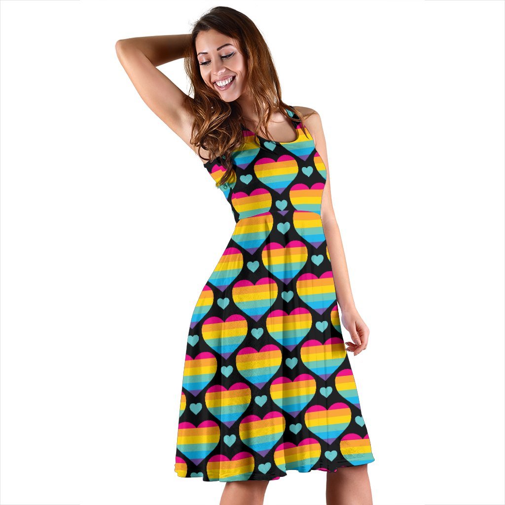 Rainbow Heart Print Pattern Sleeveless Dress