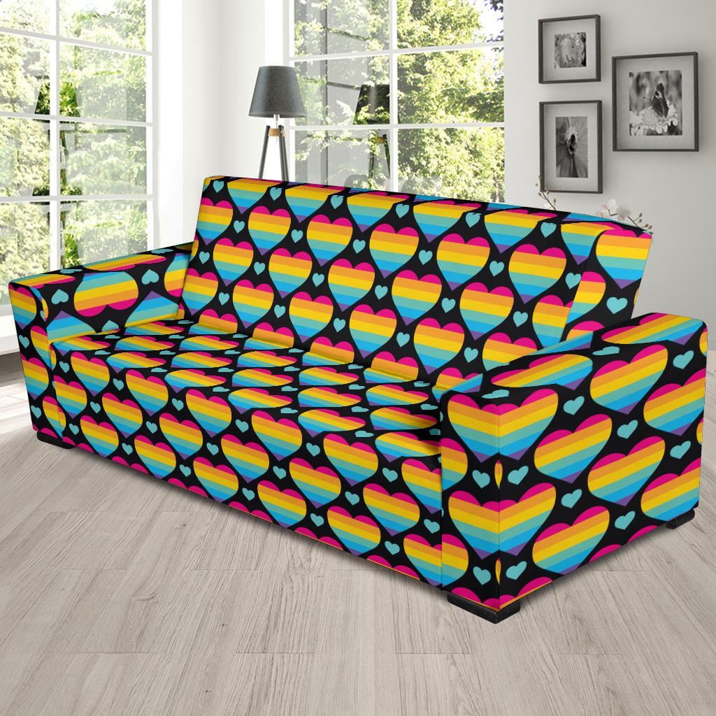 Rainbow Heart Print Pattern Sofa Slipcover-JTAMIGO.COM