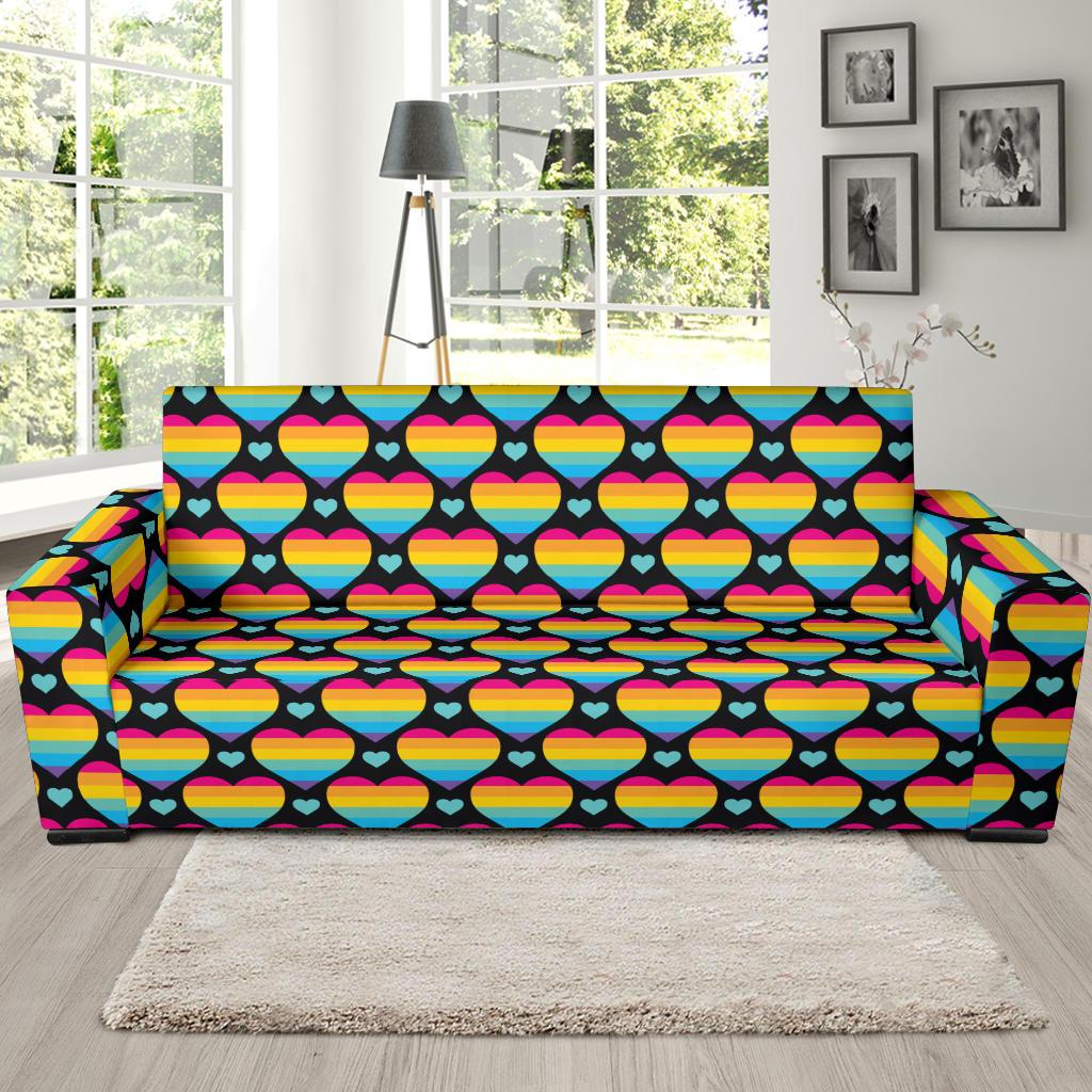 Rainbow Heart Print Pattern Sofa Slipcover-JTAMIGO.COM