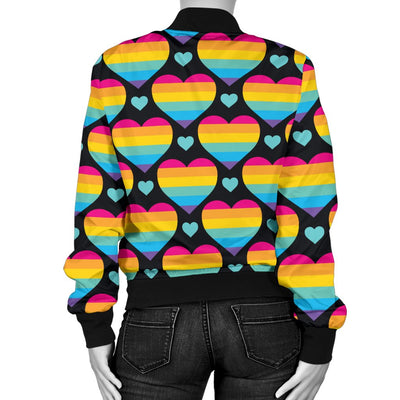 Rainbow Heart Print Pattern Women Casual Bomber Jacket