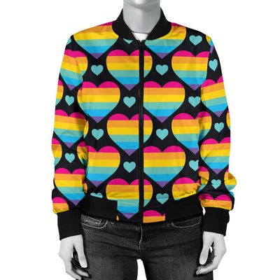 Rainbow Heart Print Pattern Women Casual Bomber Jacket